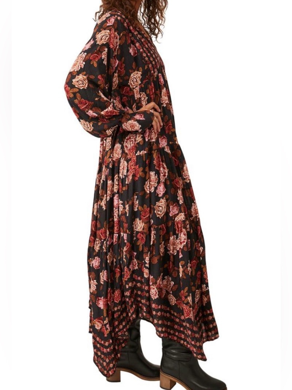 Free People Rows of Roses Women's Black Floral V-Neck Maxi Dress L - Picture 4 of 10